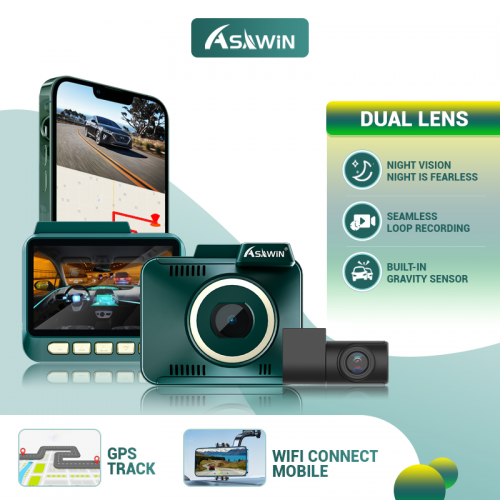 Asawin กล้องติดรถยนต์หน้าและหลัง HDR WDR A18 GPS Wi-Fi ควบคุมการมองเห็นได้ในเวลากลางคืน